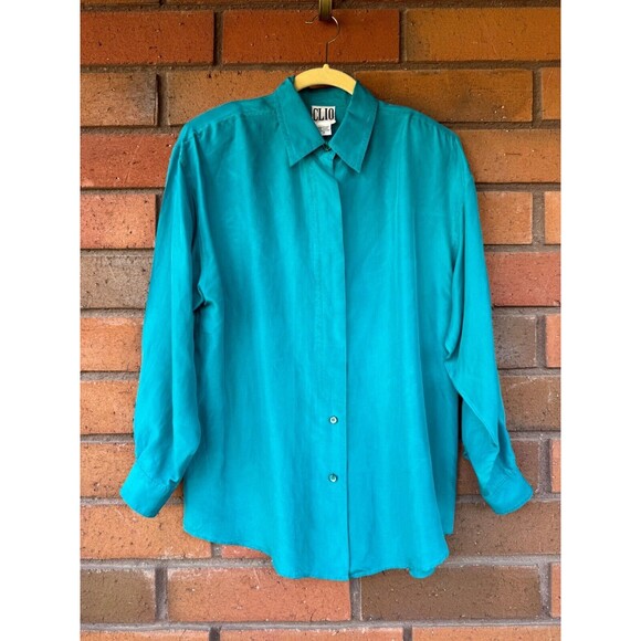CLIO Silk Blouse 80's‎ Western Button Up Top Shoulder Pads | Teal | Size Medium - Picture 1 of 16